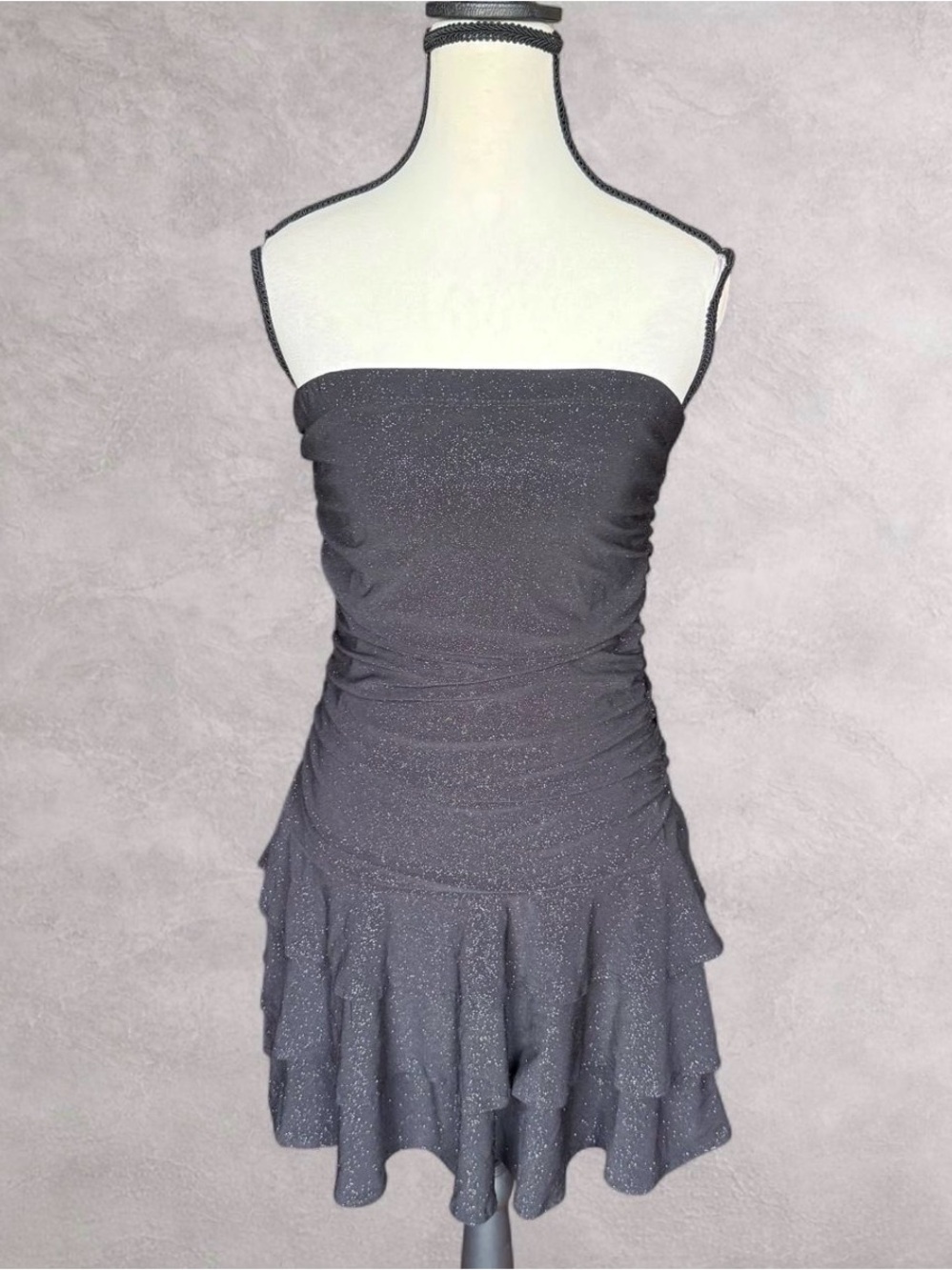 Papermoon Black Glitter Ruffle Tiered Strapless Mini Dress - Size Large